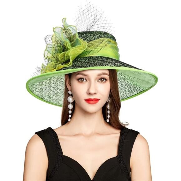 Derby Hats for Women, Classy Organza Sun Hat, Black Green main image 6